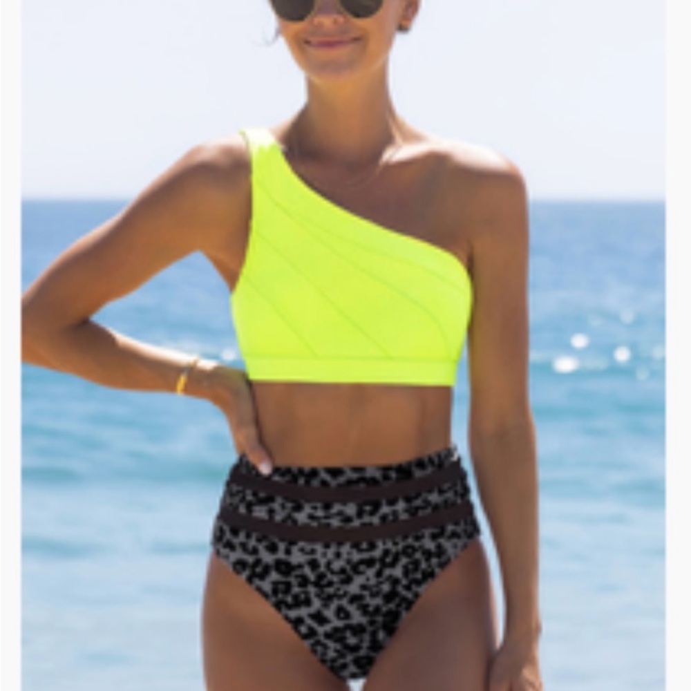 Vibrant Neon One-Shoulder Bikini Top and Black Leopard High Rise Bikini Bottom